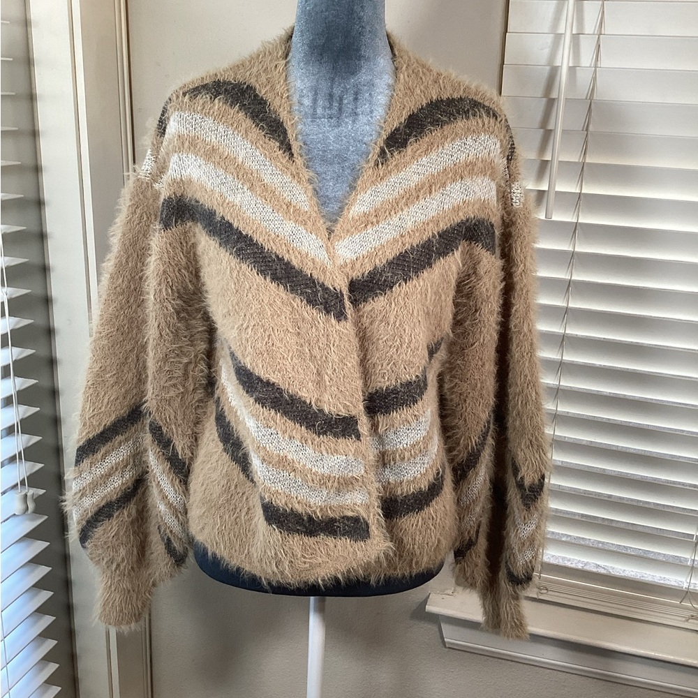 Love Ever After Camel and Charcoal Striped Fuzzy Open Front Cardigan Size L